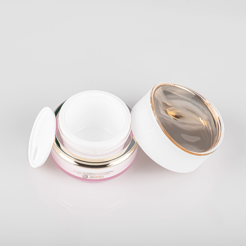 Pretty Plastic Packaging White and Pink Plastic Face Cream Jar with Shiny Golden Cap