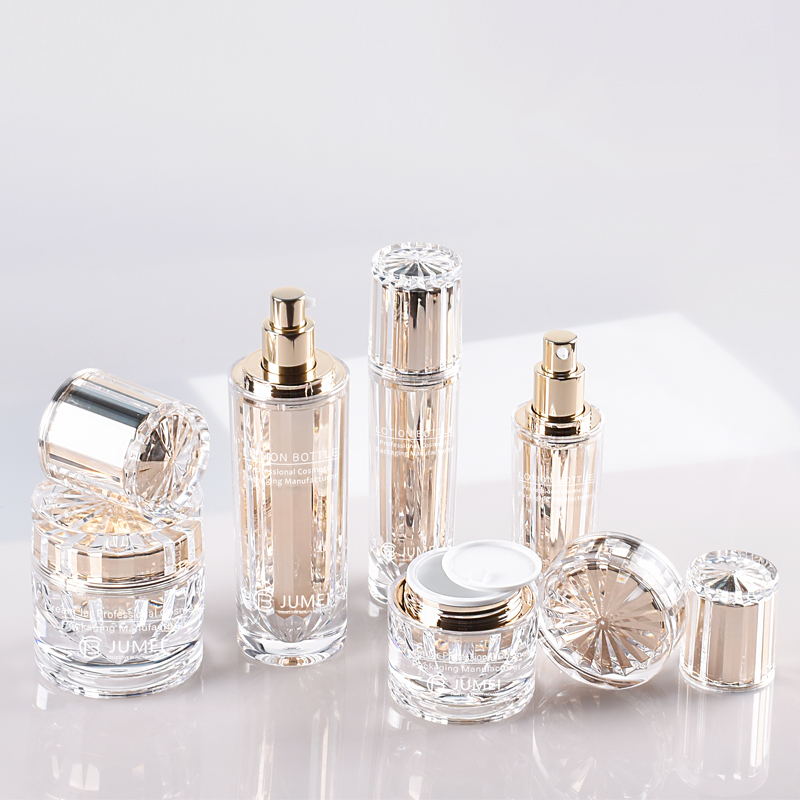 Custom Luxury Cosmetic Packaging Acrylic Lotion Bottle Golden Cosmetic Cream Jar Skincare Set