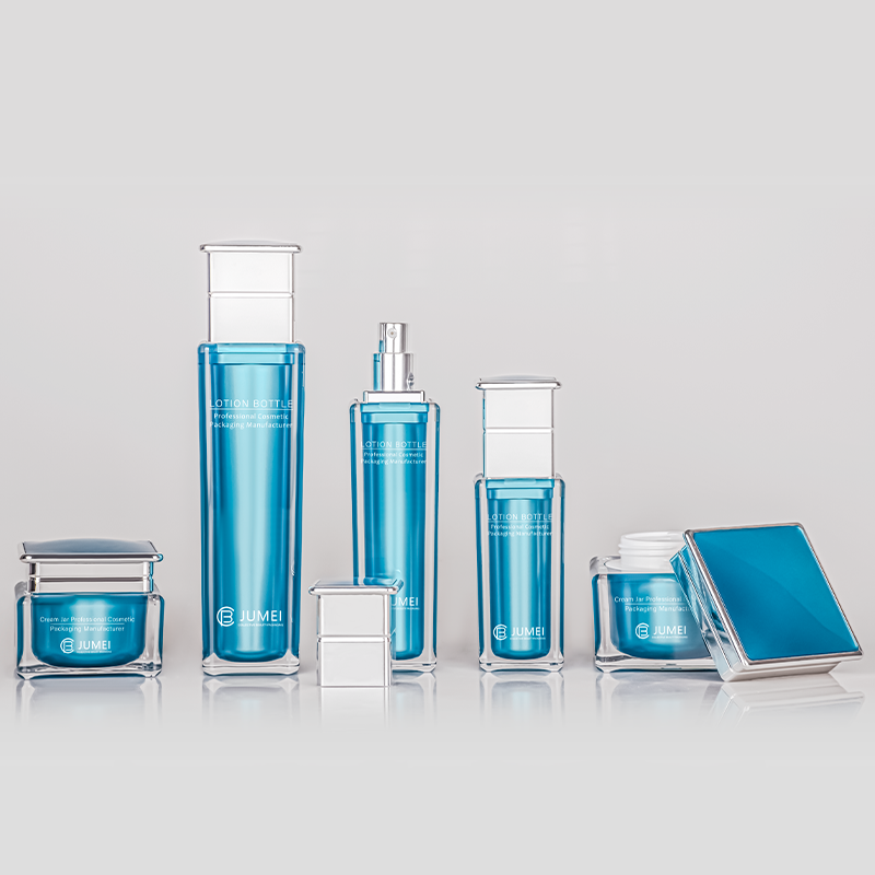 Elegant Plastic Cosmetic Packaging Square Blue Acrylic Lotion Bottle with Silvery Cap