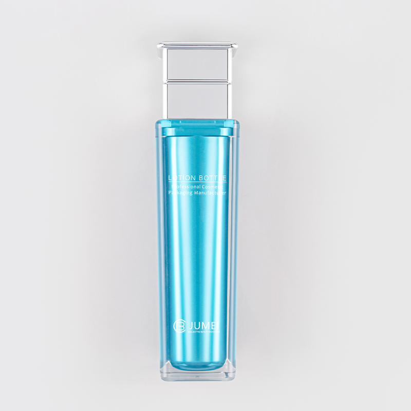 Elegant Plastic Cosmetic Packaging Square Blue Acrylic Lotion Bottle with Silvery Cap