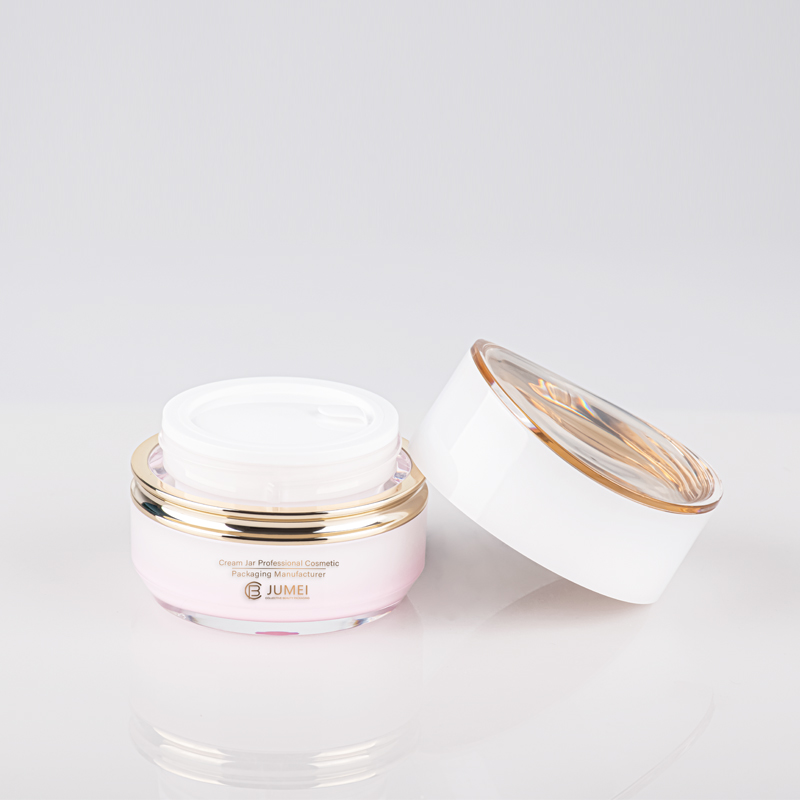 Pretty Plastic Packaging White and Pink Plastic Face Cream Jar with Shiny Golden Cap